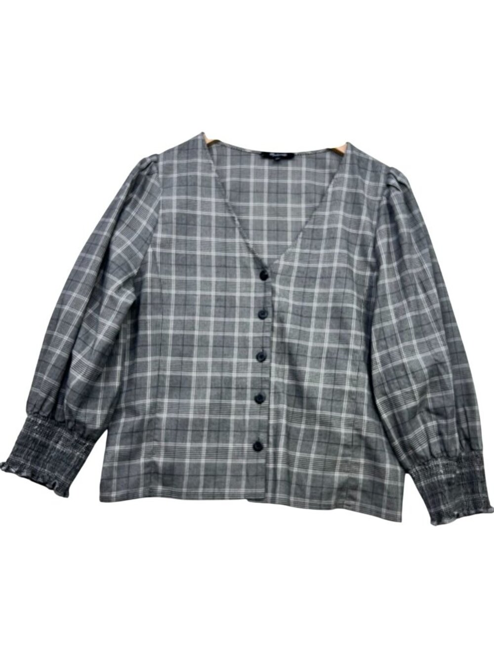 Madewell Women's Button-Front V Neck Top Long Sleeve Size 10 Black White Plaid
